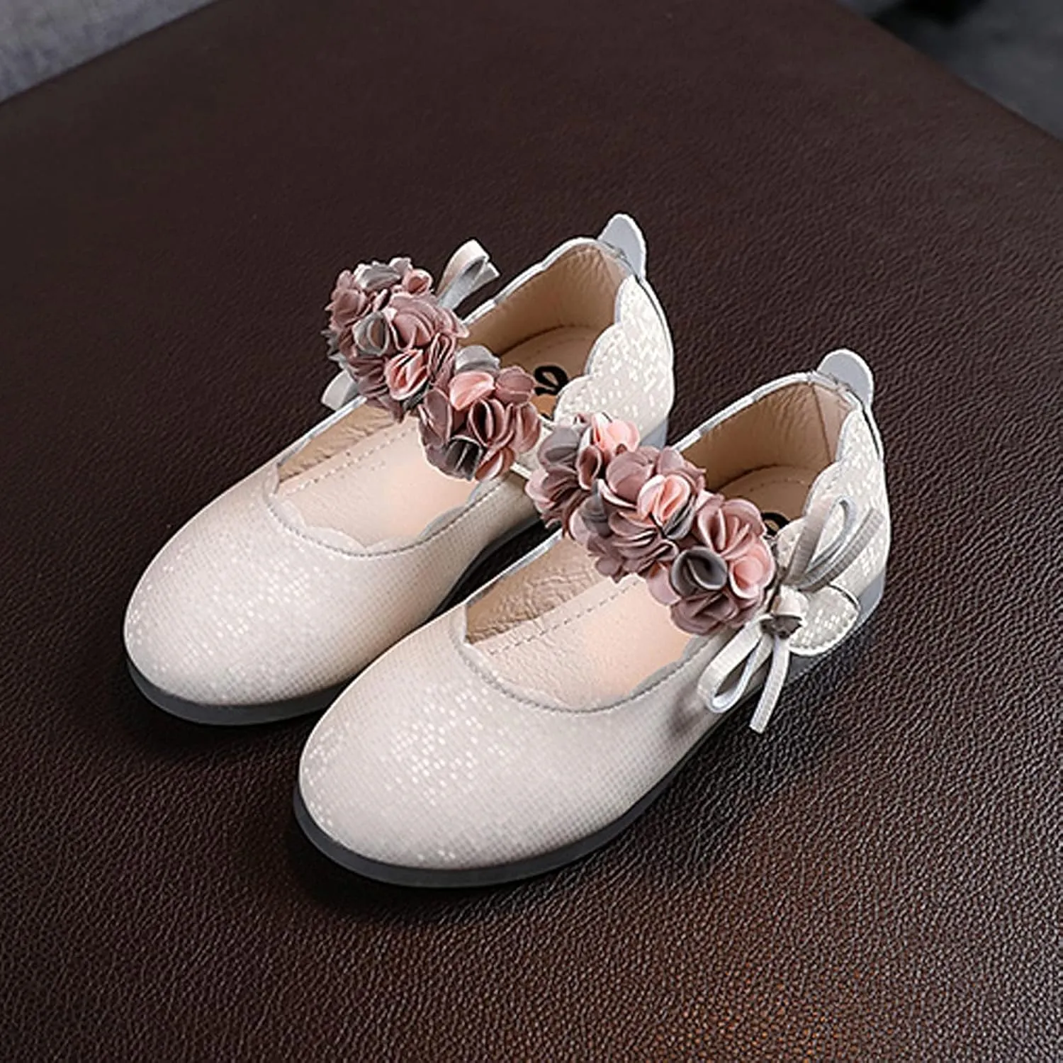 Baby Girl Bright Color Faux PU Shoe Hook and Loop Splicing Mesh Bowknot Sandals Solid Princess Wedding Floral Flat