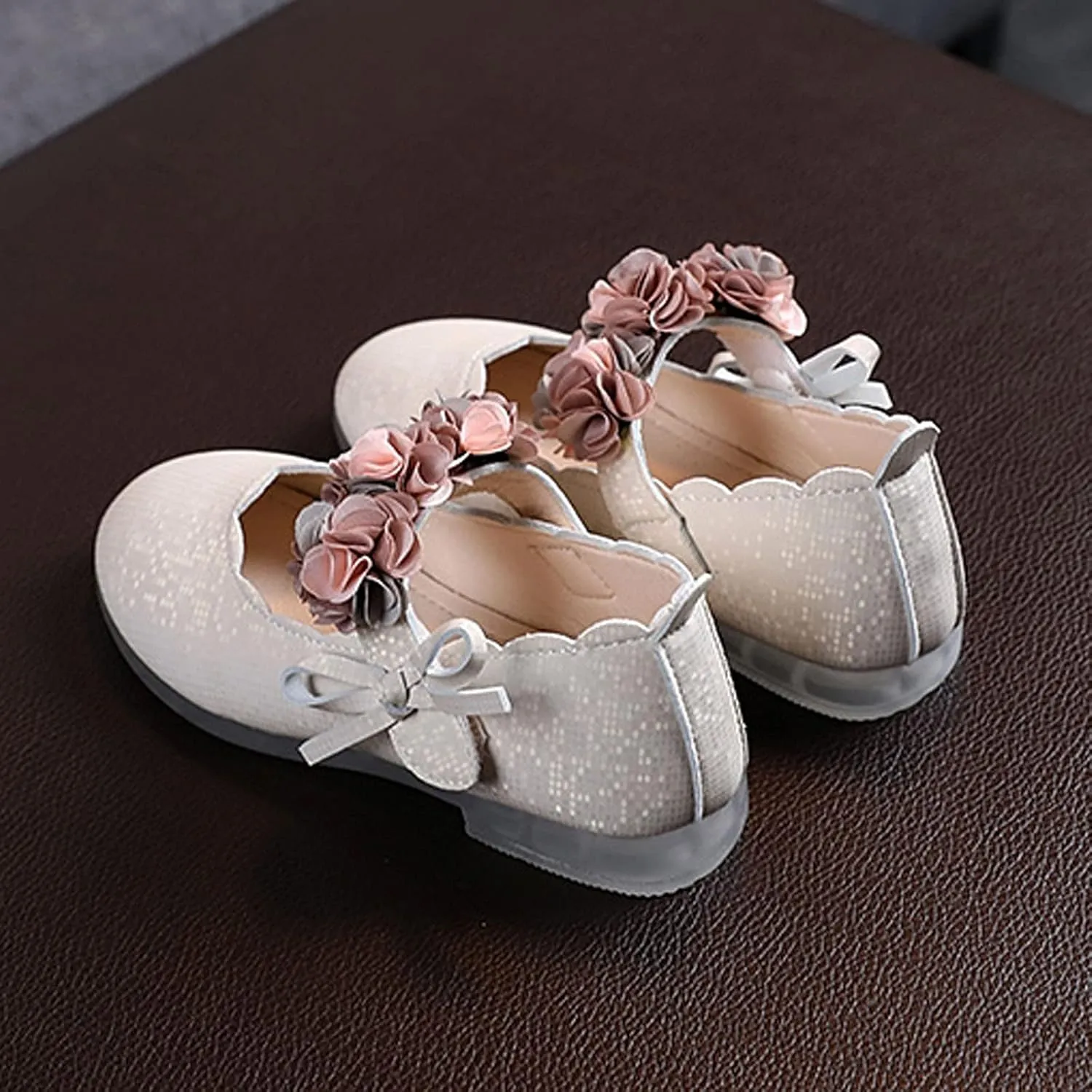 Baby Girl Bright Color Faux PU Shoe Hook and Loop Splicing Mesh Bowknot Sandals Solid Princess Wedding Floral Flat