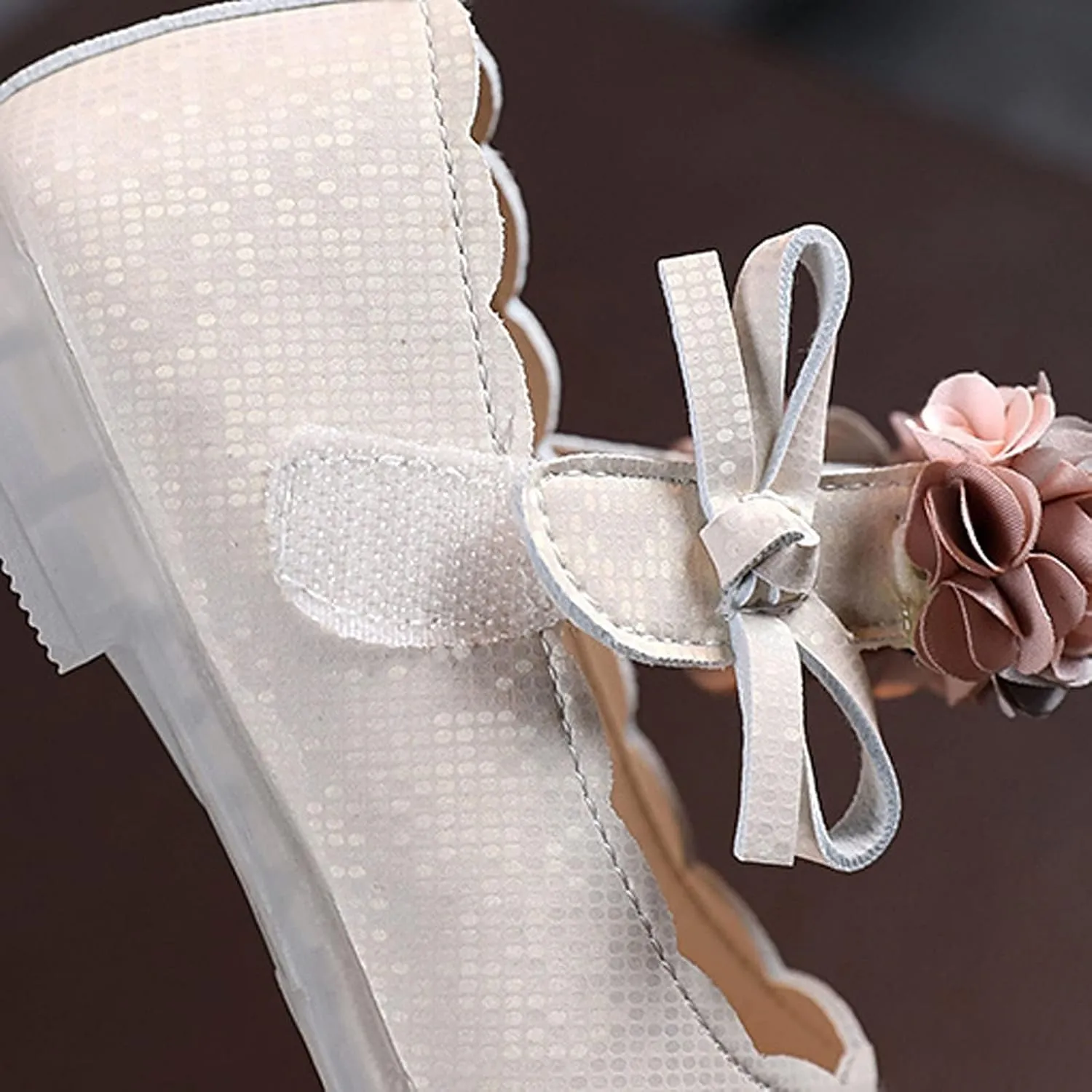 Baby Girl Bright Color Faux PU Shoe Hook and Loop Splicing Mesh Bowknot Sandals Solid Princess Wedding Floral Flat