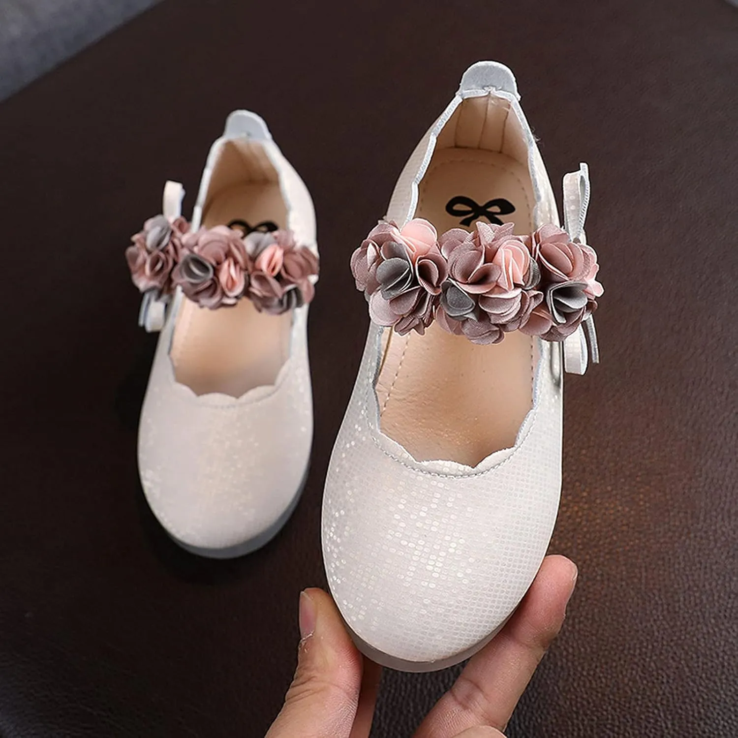 Baby Girl Bright Color Faux PU Shoe Hook and Loop Splicing Mesh Bowknot Sandals Solid Princess Wedding Floral Flat