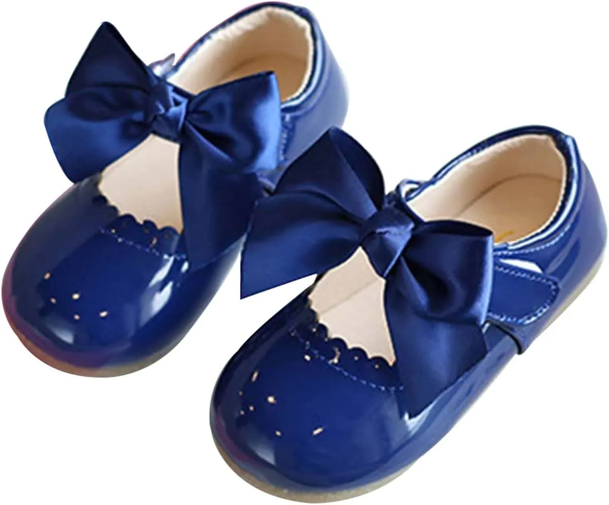 Baby Girl Solid Faux Pu Shoe Wave Trim Trendy Princess Sandals Knot Leather Bow Embellished Flats Hook and Loop Shoes