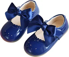 Baby Girl Solid Faux Pu Shoe Wave Trim Trendy Princess Sandals Knot Leather Bow Embellished Flats Hook and Loop Shoes