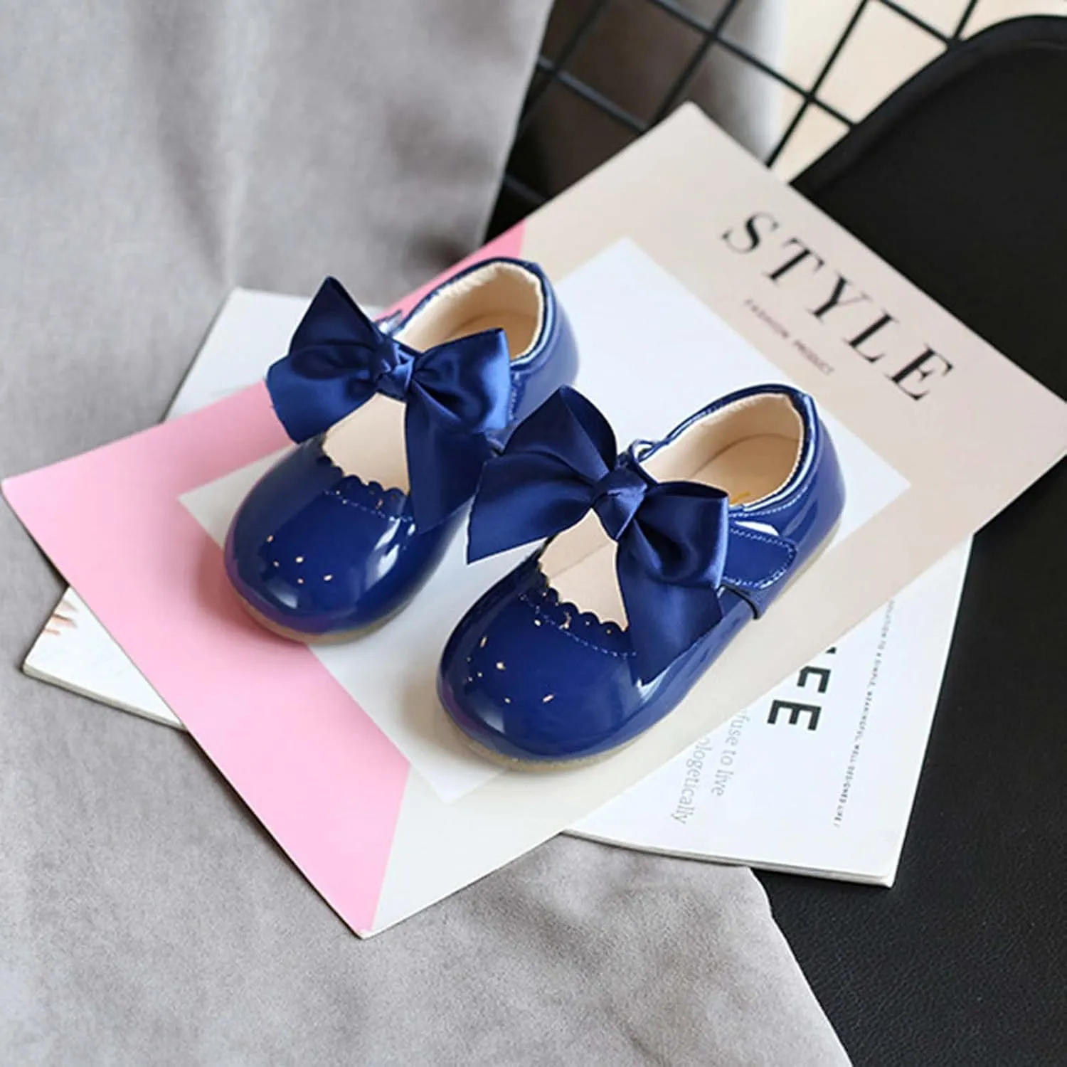 Baby Girl Solid Faux Pu Shoe Wave Trim Trendy Princess Sandals Knot Leather Bow Embellished Flats Hook and Loop Shoes