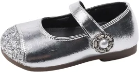Girls Dress Shoes School Mary Jane Ballet Flats with Pearl Strap for Flower Girl Wedding Party Leather Dance Shoes