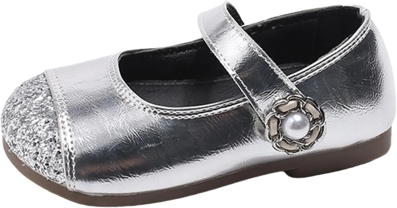 Girls Dress Shoes School Mary Jane Ballet Flats with Pearl Strap for Flower Girl Wedding Party Leather Dance Shoes