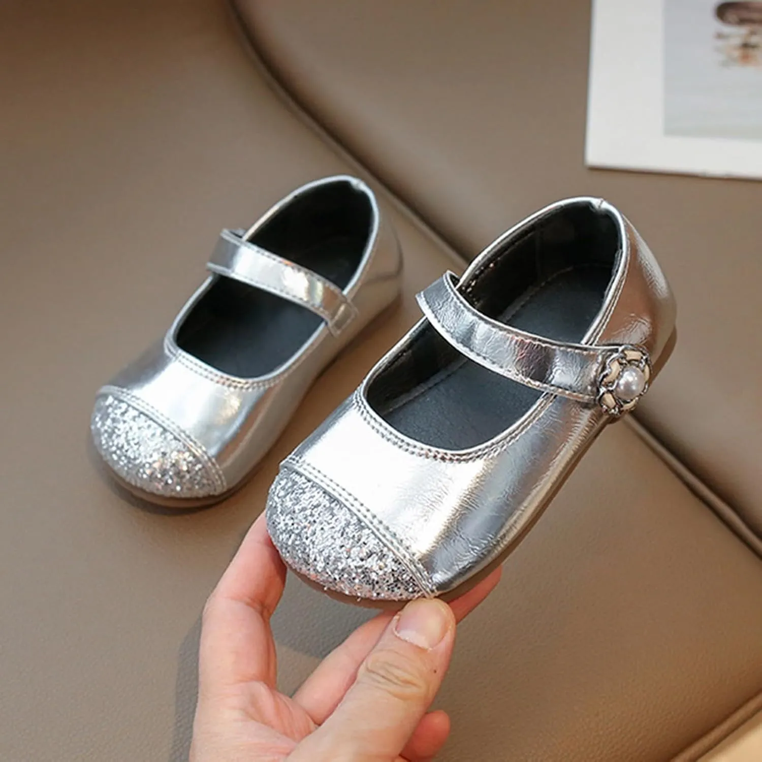 Girls Dress Shoes School Mary Jane Ballet Flats with Pearl Strap for Flower Girl Wedding Party Leather Dance Shoes