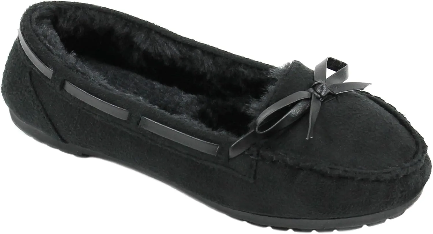 Girls Moccasins Slip On Indoor Outdoor Fur Loafer Shoes Slippers (11, Black)