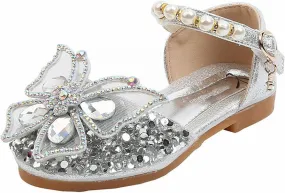 Kids Toddler Girls Rhinestone Butterfly Closed Toe Sandals Baby Ankle Strap Flat Sole Princess Shoes Wedding Shoes