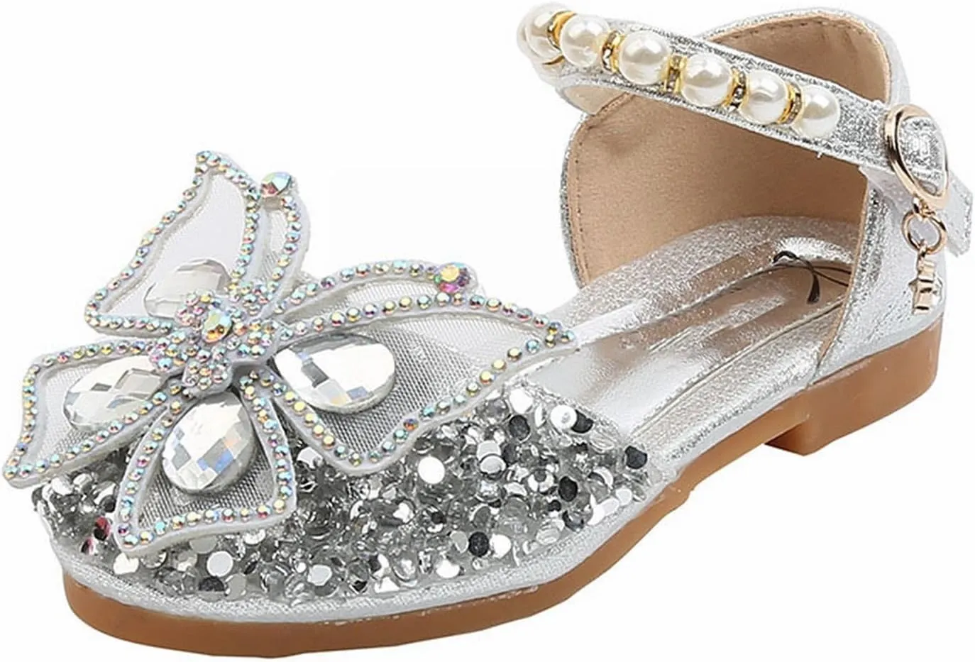 Kids Toddler Girls Rhinestone Butterfly Closed Toe Sandals Baby Ankle Strap Flat Sole Princess Shoes Wedding Shoes