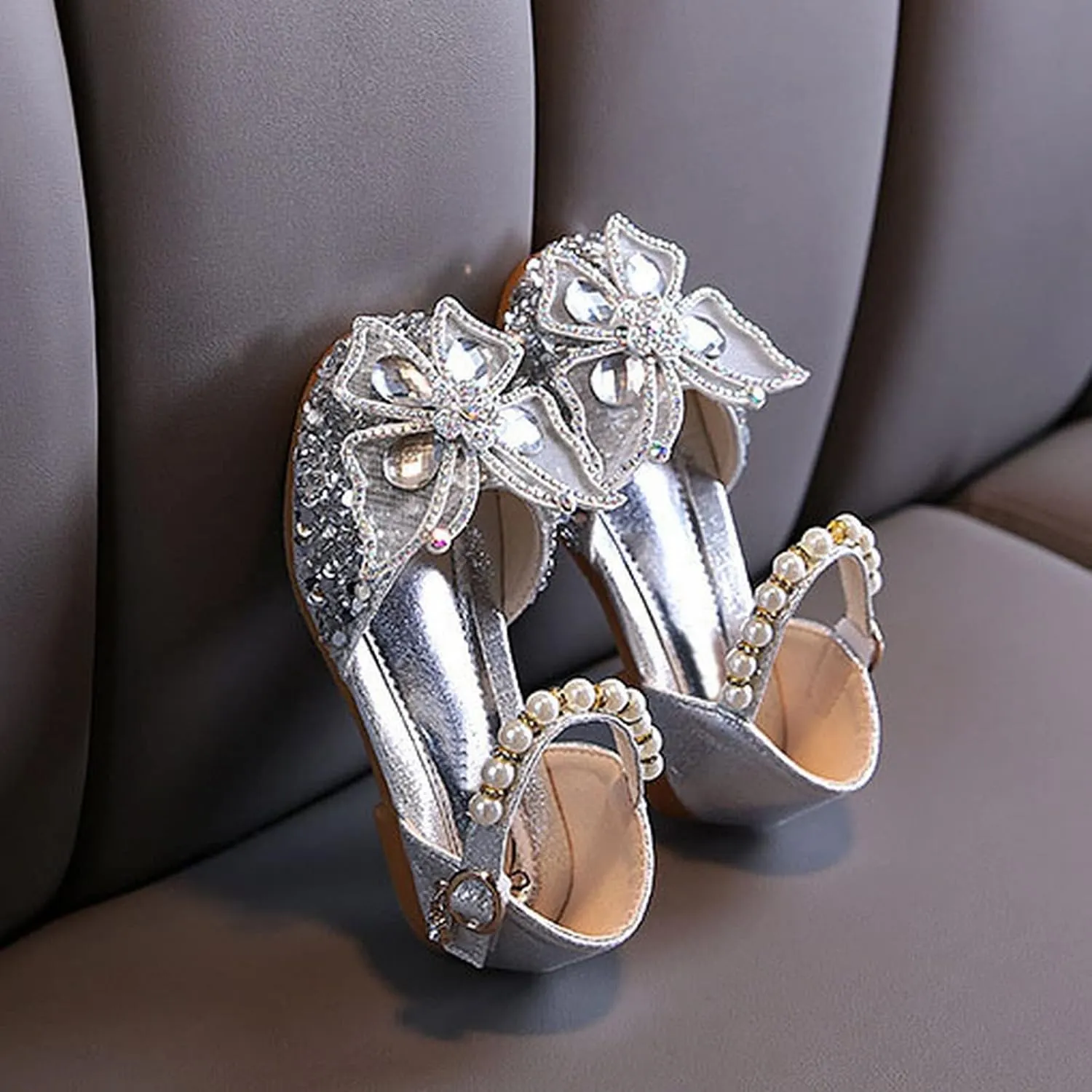 Kids Toddler Girls Rhinestone Butterfly Closed Toe Sandals Baby Ankle Strap Flat Sole Princess Shoes Wedding Shoes