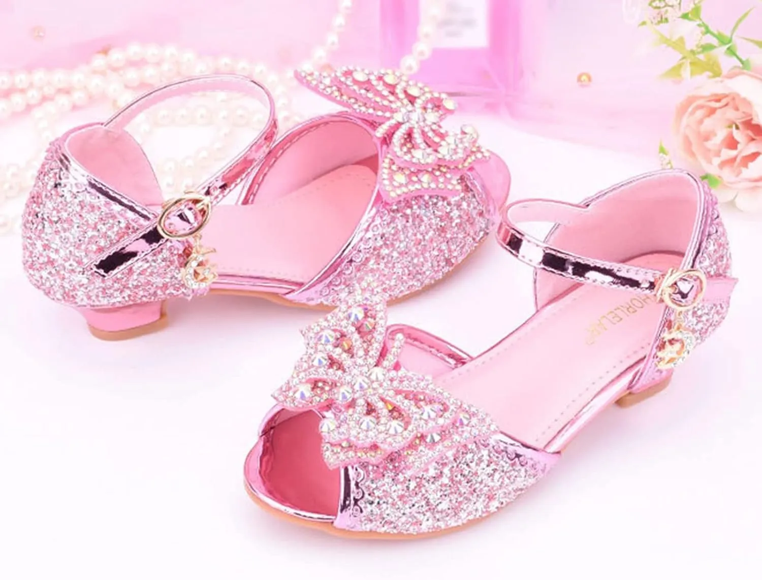 Kids Toddler Girls Rhinestones Butterfly Dress Shoes Wedding Party Open Toe Heel Mary Jane Princess Flower Shoes