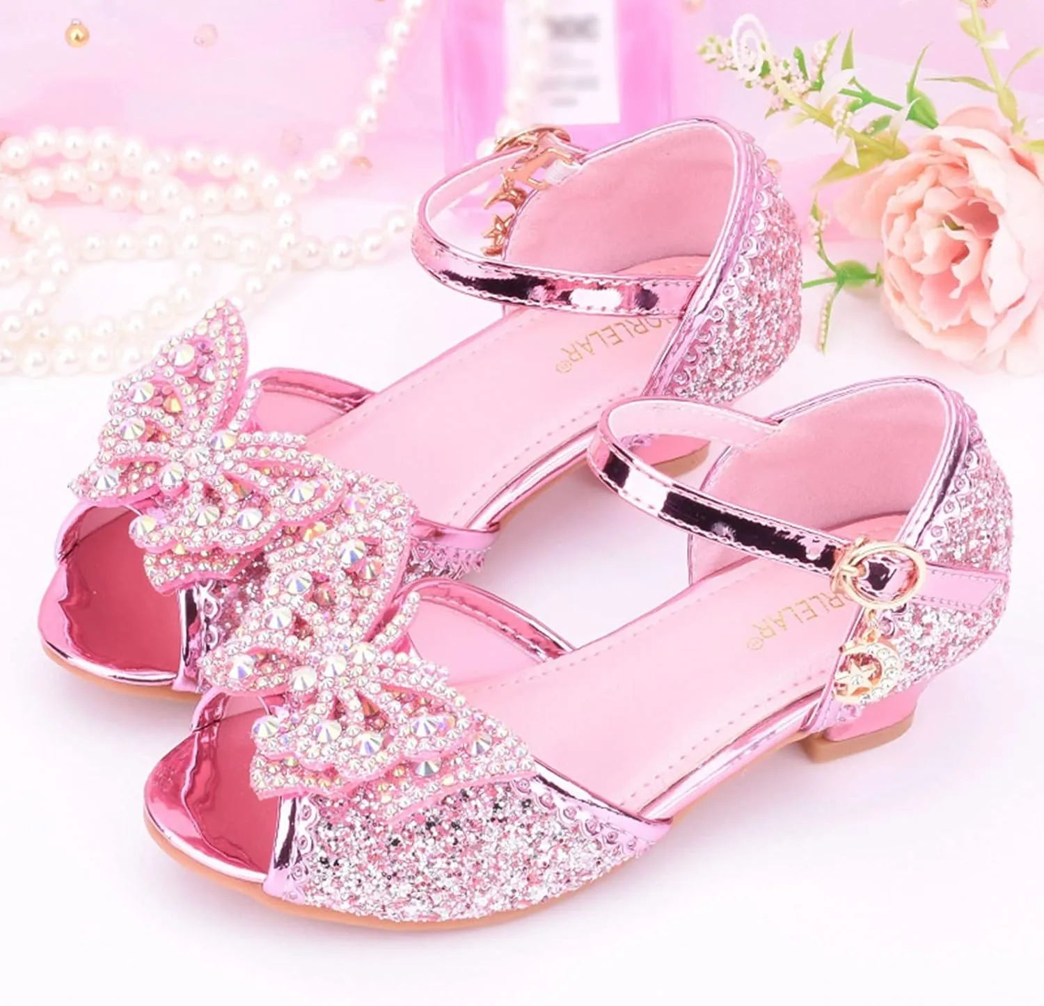Kids Toddler Girls Rhinestones Butterfly Dress Shoes Wedding Party Open Toe Heel Mary Jane Princess Flower Shoes