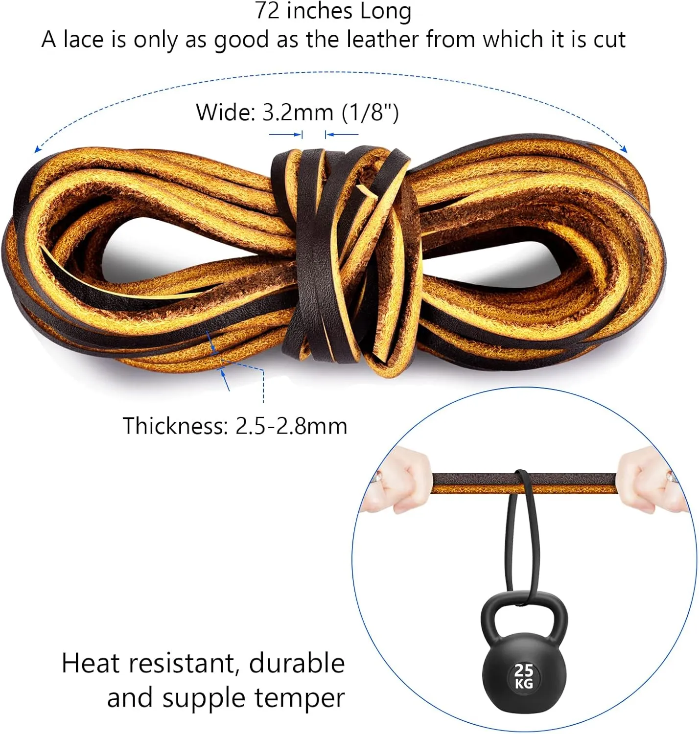 Leather Shoelace Boot Lace Boat Shoe Lacing Kit - 72 Inches Long 3.2mm (1/8") Wide - 1 Needle and 2 Strips