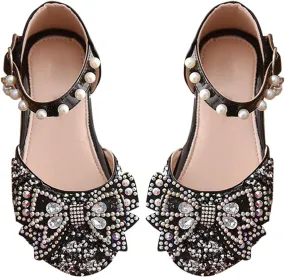 Little Kid Girls Mary Jane Ballerina Shoes hinestones Bowknot Flower Girl Wedding Pary Pearl Strap Dress Shoes