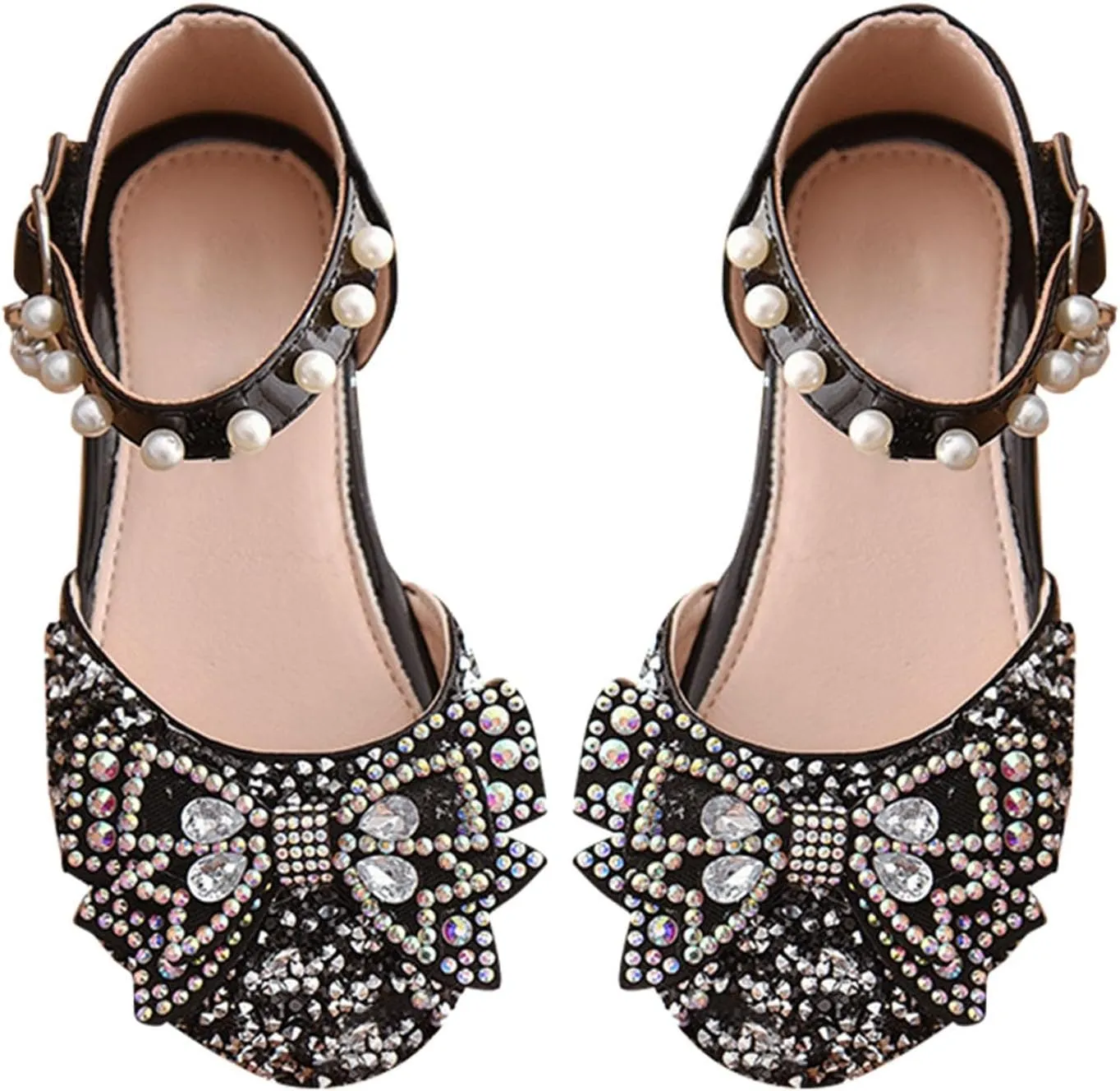 Little Kid Girls Mary Jane Ballerina Shoes hinestones Bowknot Flower Girl Wedding Pary Pearl Strap Dress Shoes