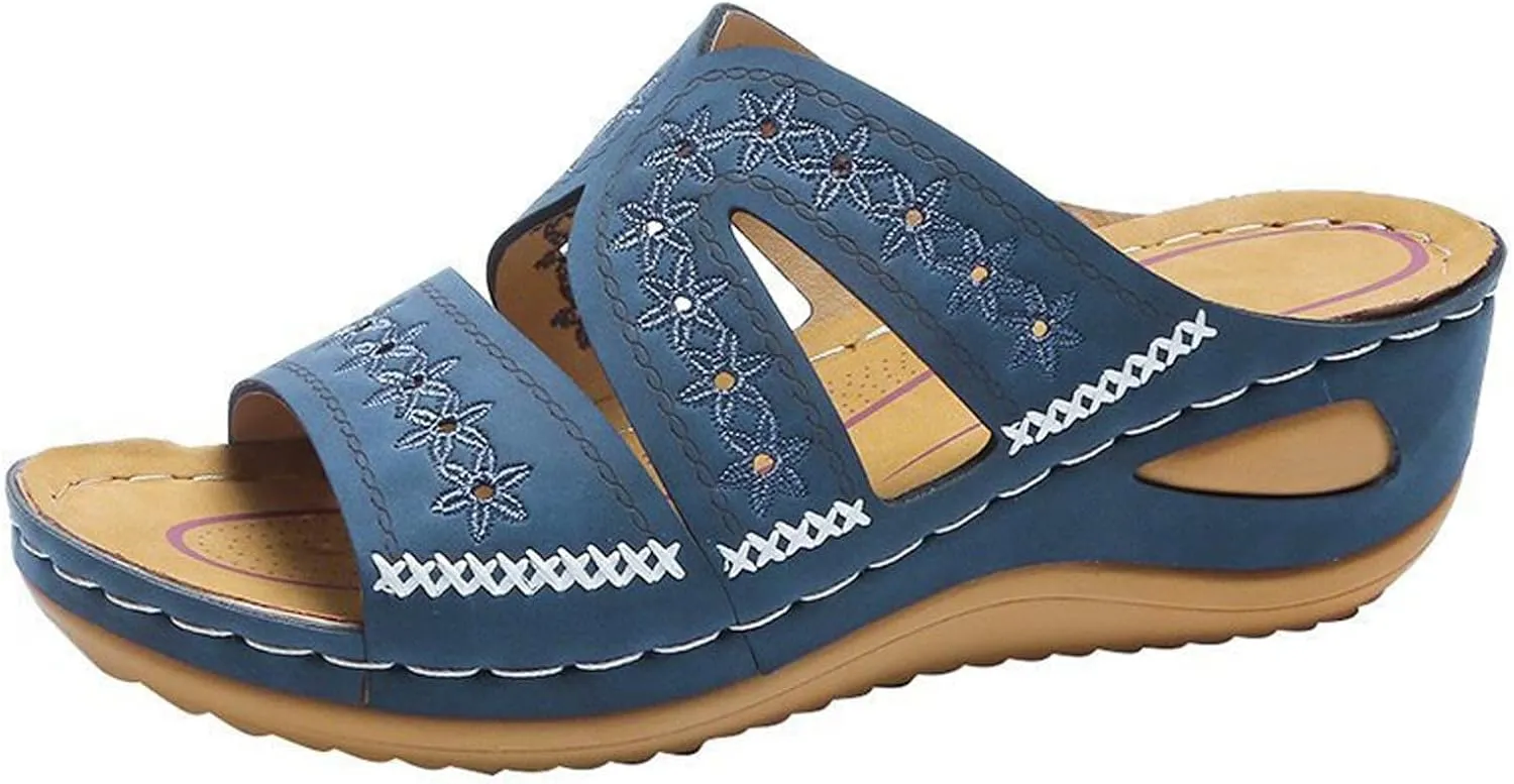 oiangi Wedge Sandals for Women with Arch Support Summer Casual Slip On Fish Mouth Open Toe Platform Slippers Flowers Hollow Quilted Slides Beach Shoes Flip Flops
