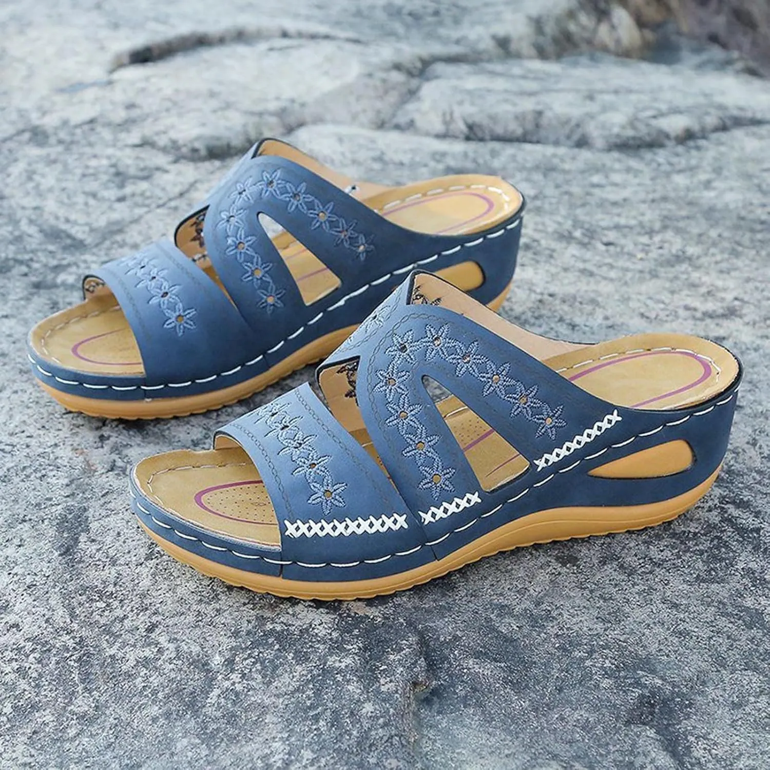 oiangi Wedge Sandals for Women with Arch Support Summer Casual Slip On Fish Mouth Open Toe Platform Slippers Flowers Hollow Quilted Slides Beach Shoes Flip Flops