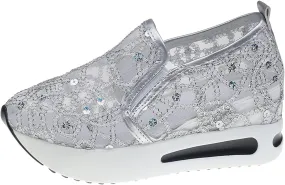 Platform Wedge Sneakers for Women Floral Embroidery Mesh Slip-On Breathable Non-Slip Arch Support Lace Chunky Sole Hidden High Heels Platform Wedge Sneakers for Women Floral Embroidery Mesh Slip-On Breathable Non-Slip Arch Support Lace Chunky Sole Hidden High Heels