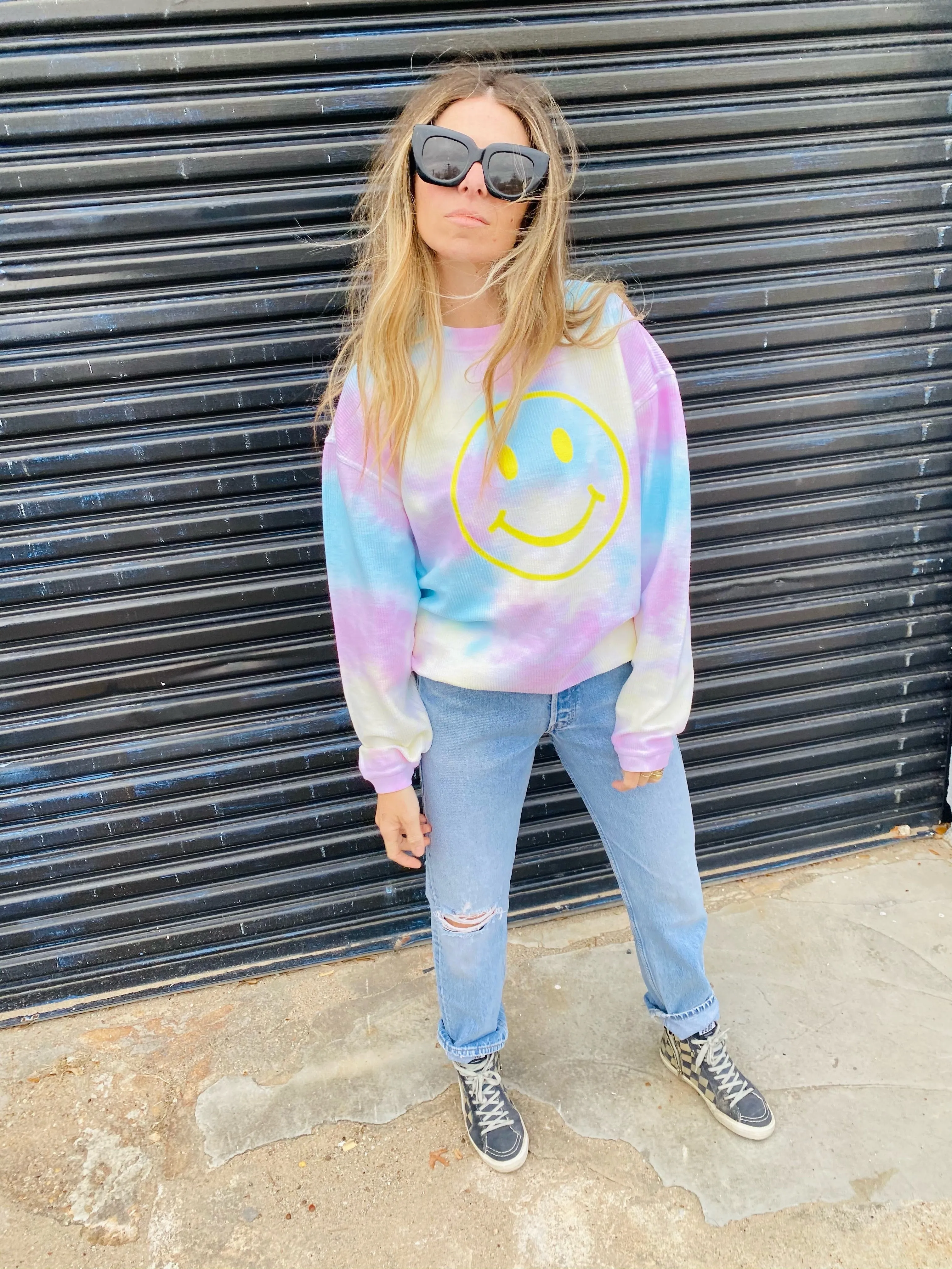 Smiley Face Corded Tie Dye Sweatshirt