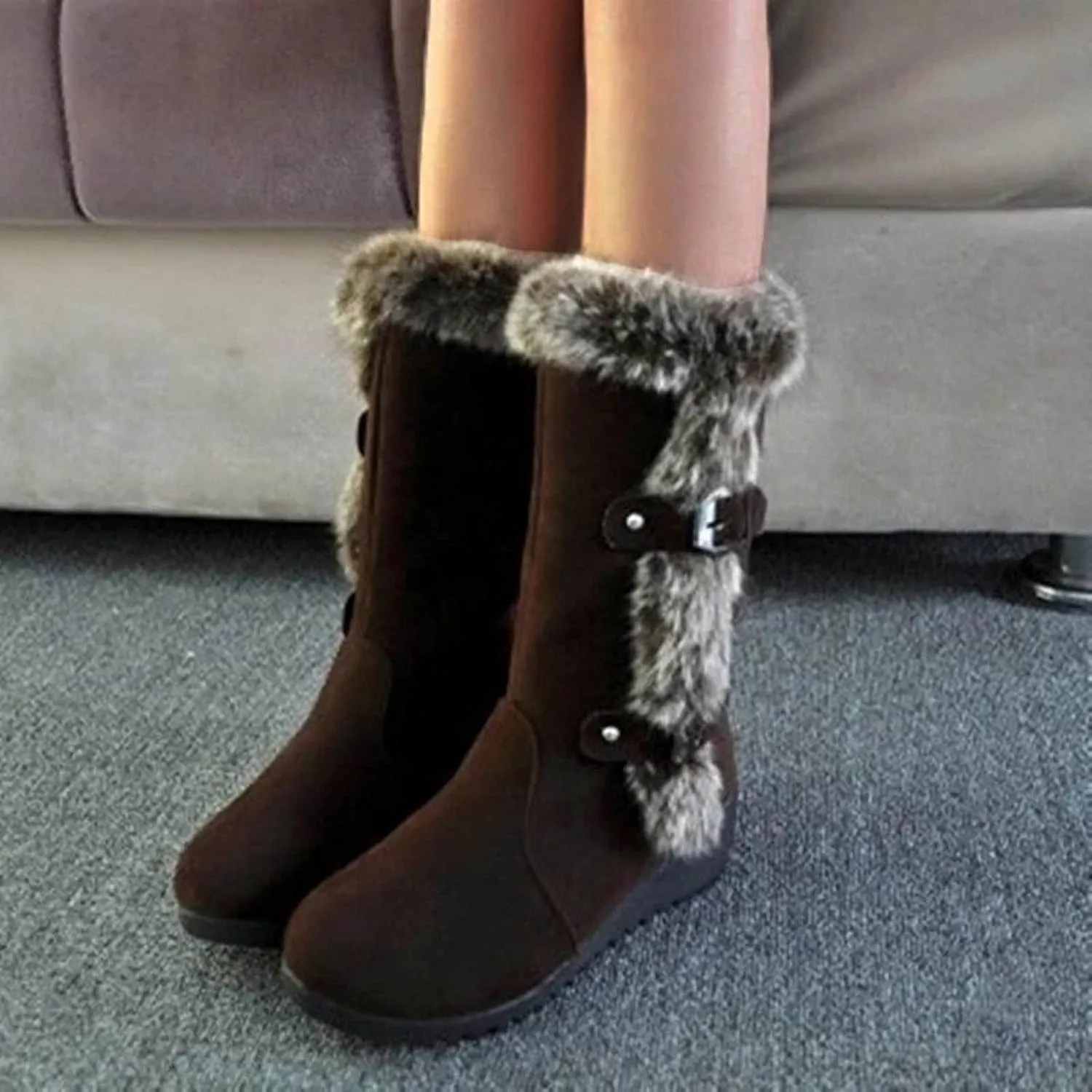 SuanlaTDS Women's Classic Fur Lined Tall Mid Calf Wedge Boots Warm Winter Snow Shoes with Decorative Buckle Straps