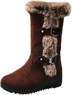 SuanlaTDS Women's Classic Fur Lined Tall Mid Calf Wedge Boots Warm Winter Snow Shoes with Decorative Buckle Straps