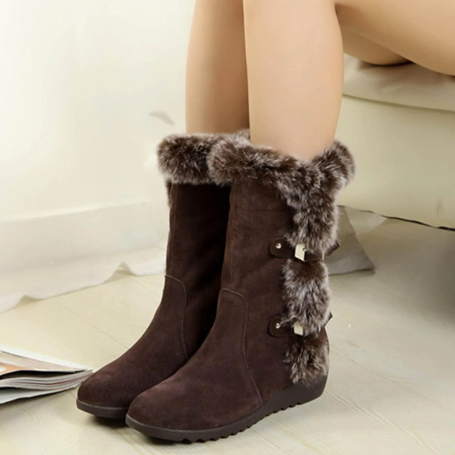 SuanlaTDS Women's Classic Fur Lined Tall Mid Calf Wedge Boots Warm Winter Snow Shoes with Decorative Buckle Straps