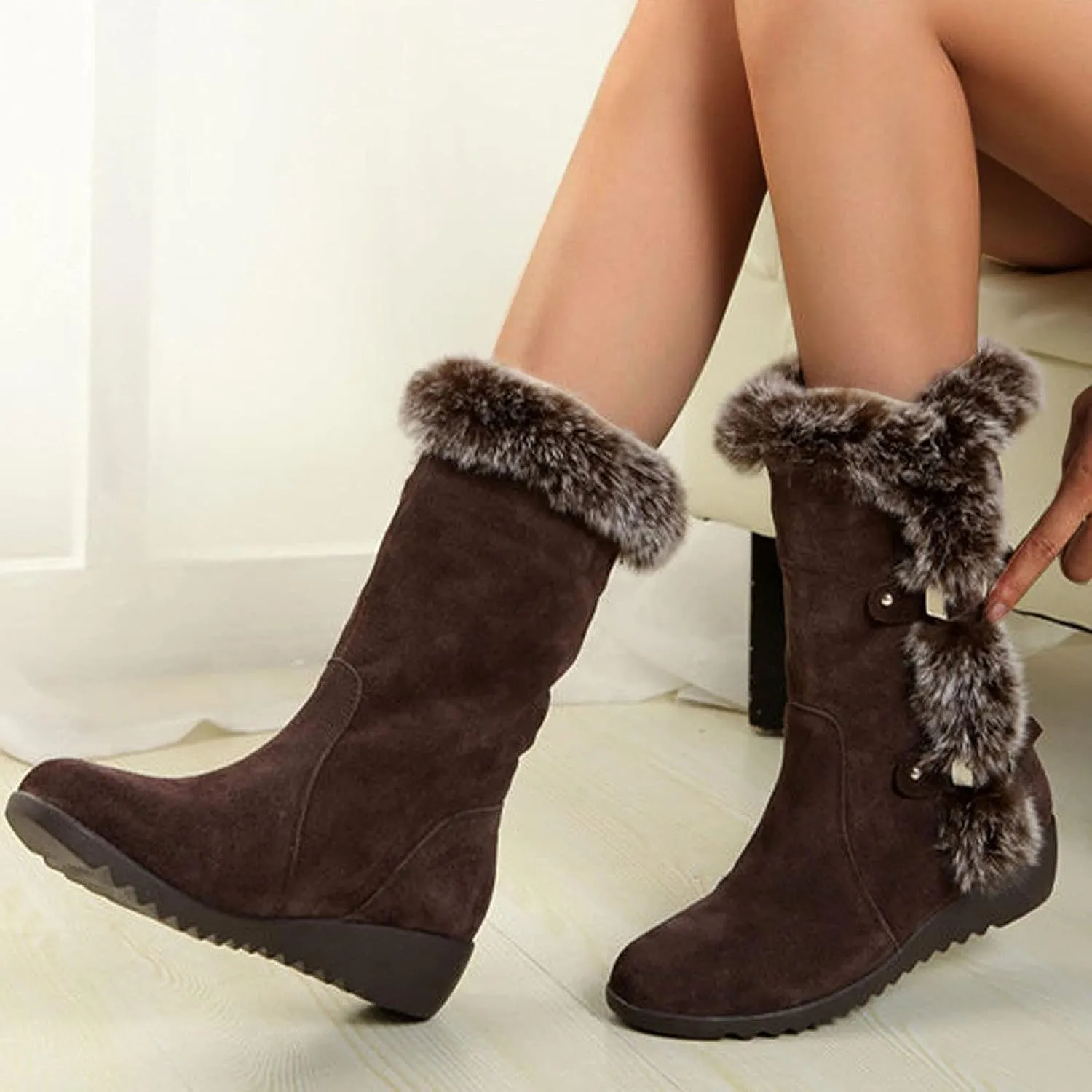 SuanlaTDS Women's Classic Fur Lined Tall Mid Calf Wedge Boots Warm Winter Snow Shoes with Decorative Buckle Straps