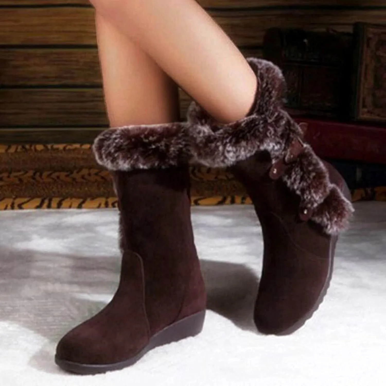 SuanlaTDS Women's Classic Fur Lined Tall Mid Calf Wedge Boots Warm Winter Snow Shoes with Decorative Buckle Straps