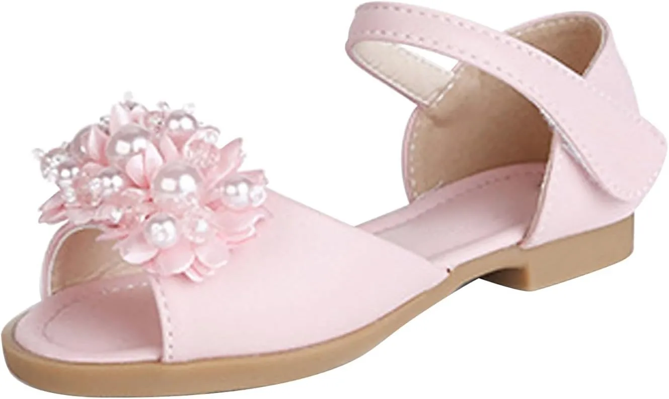 Toddler Girls Sandals Leaky Toe Non Slip Summer Flats Pearl Flower Girl Dress Shoes with Hook & Loop for Kids Wedding