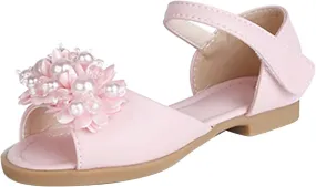 Toddler Girls Sandals Leaky Toe Non Slip Summer Flats Pearl Flower Girl Dress Shoes with Hook & Loop for Kids Wedding