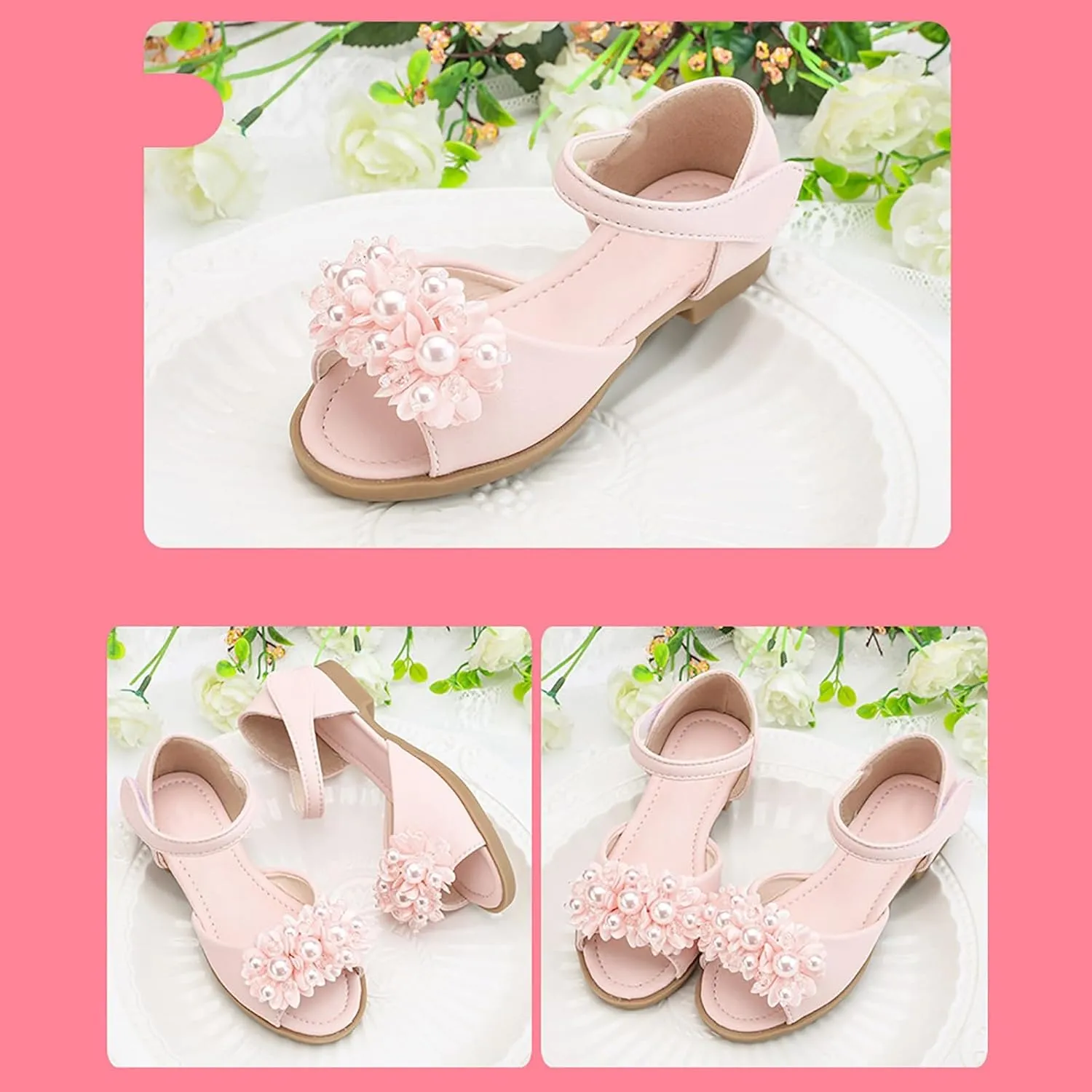 Toddler Girls Sandals Leaky Toe Non Slip Summer Flats Pearl Flower Girl Dress Shoes with Hook & Loop for Kids Wedding