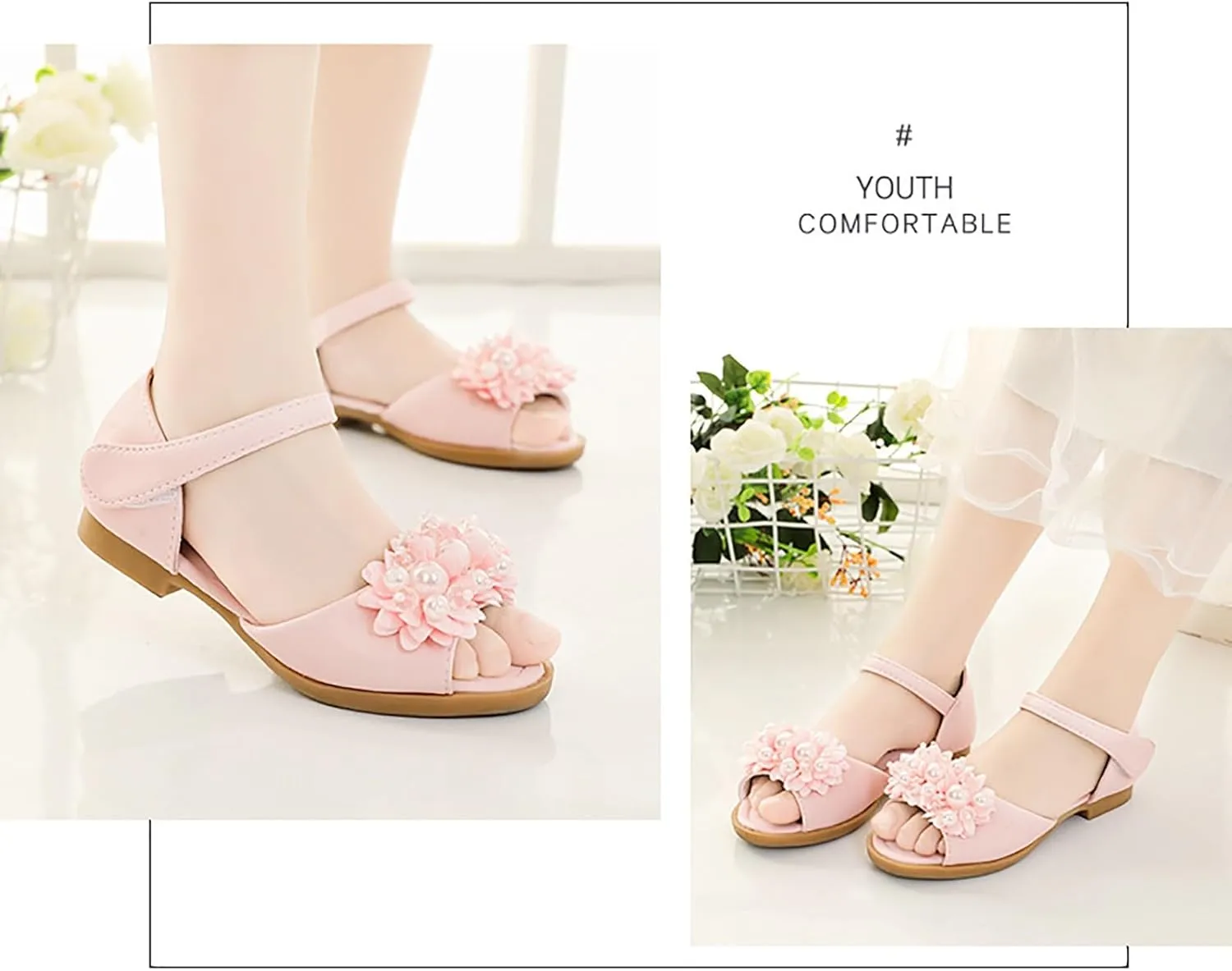 Toddler Girls Sandals Leaky Toe Non Slip Summer Flats Pearl Flower Girl Dress Shoes with Hook & Loop for Kids Wedding