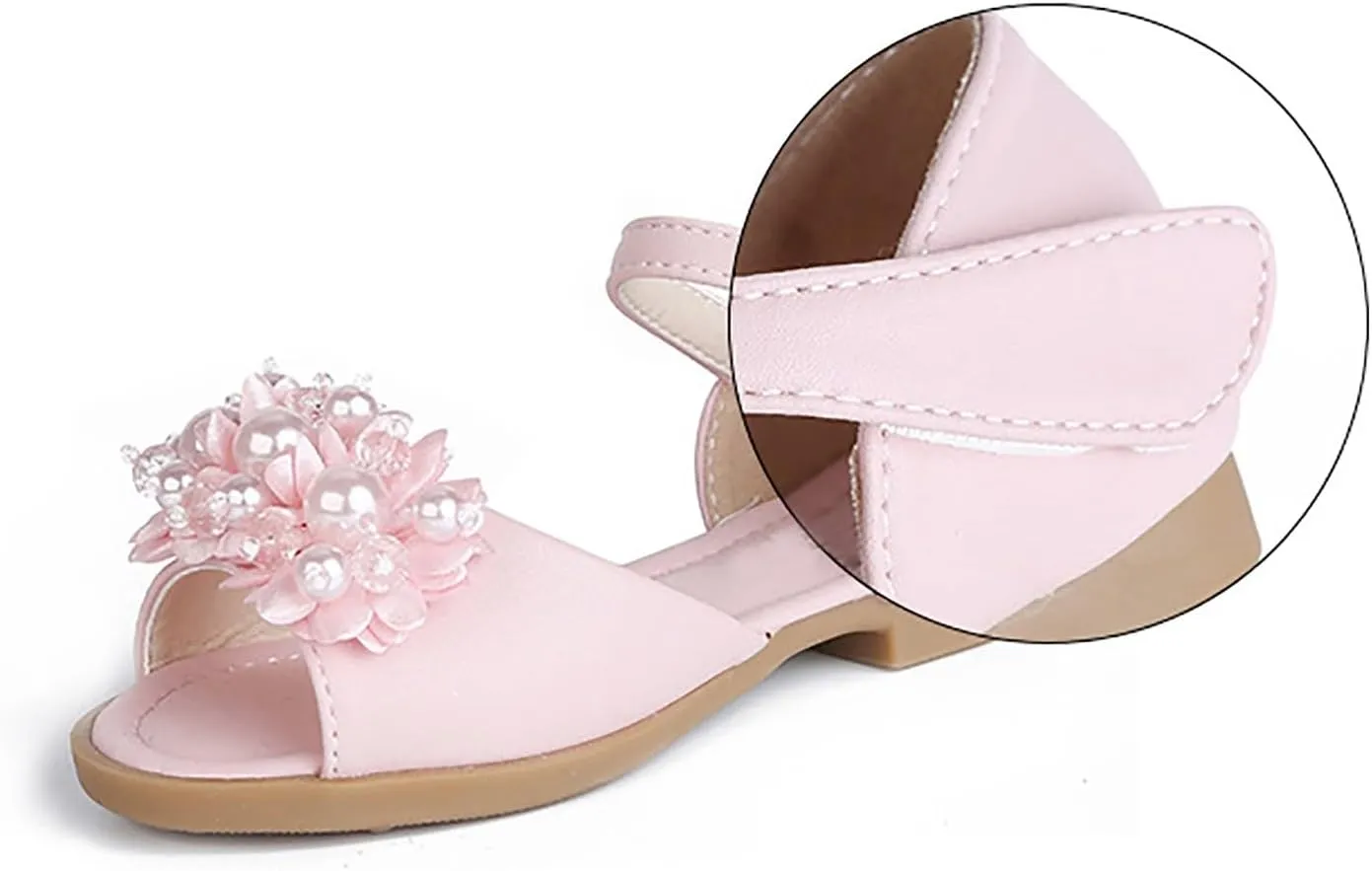 Toddler Girls Sandals Leaky Toe Non Slip Summer Flats Pearl Flower Girl Dress Shoes with Hook & Loop for Kids Wedding