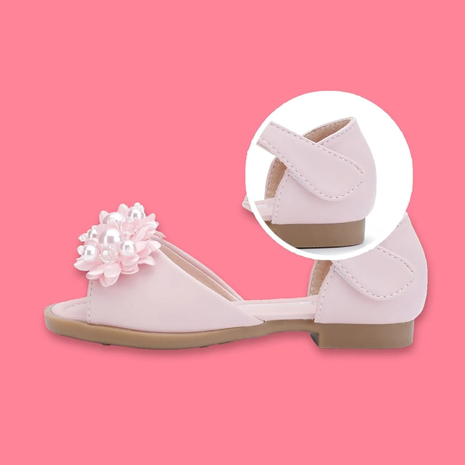 Toddler Girls Sandals Leaky Toe Non Slip Summer Flats Pearl Flower Girl Dress Shoes with Hook & Loop for Kids Wedding