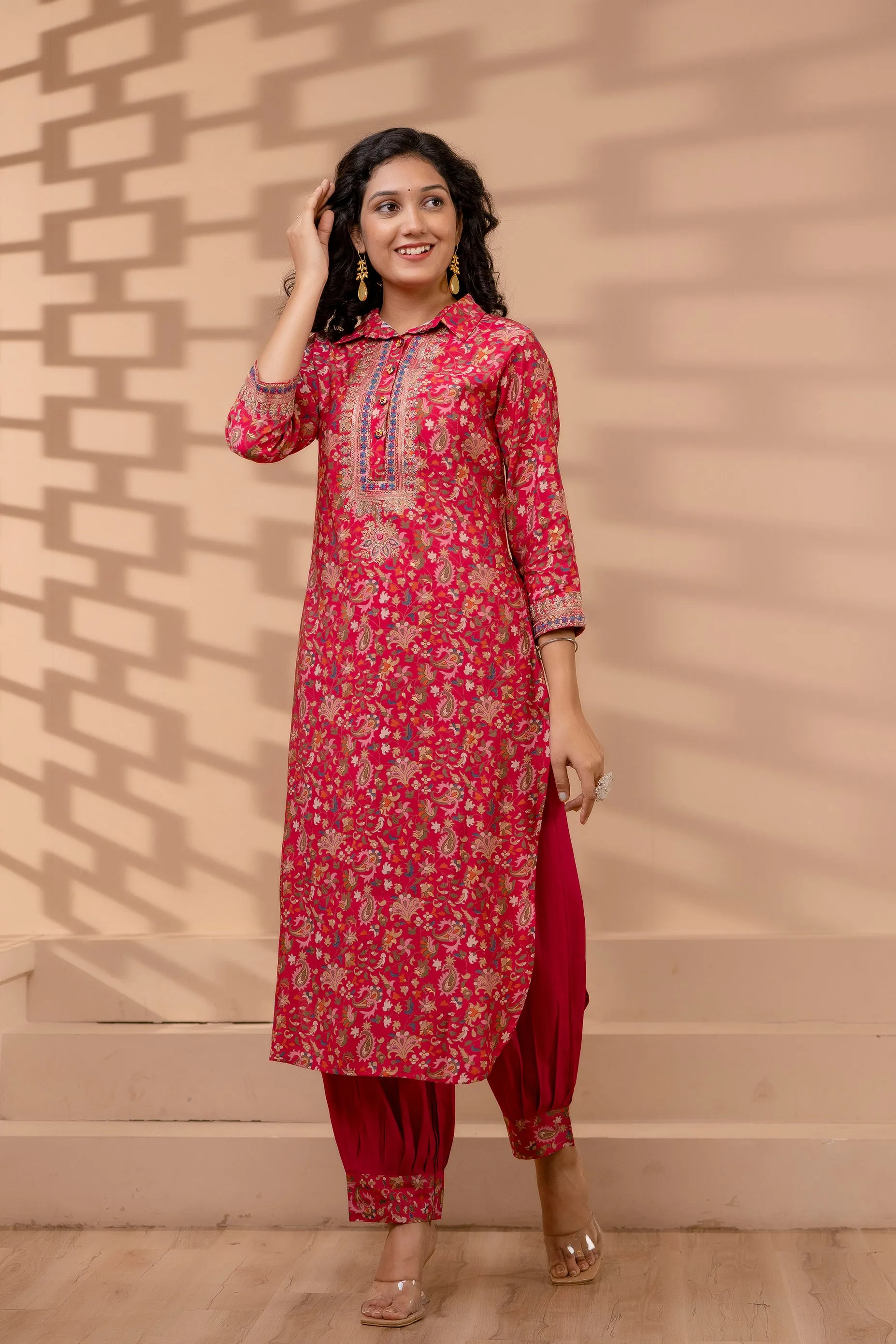 Women's Muslin Pink Straight Kurta & Afghani Salwar Set