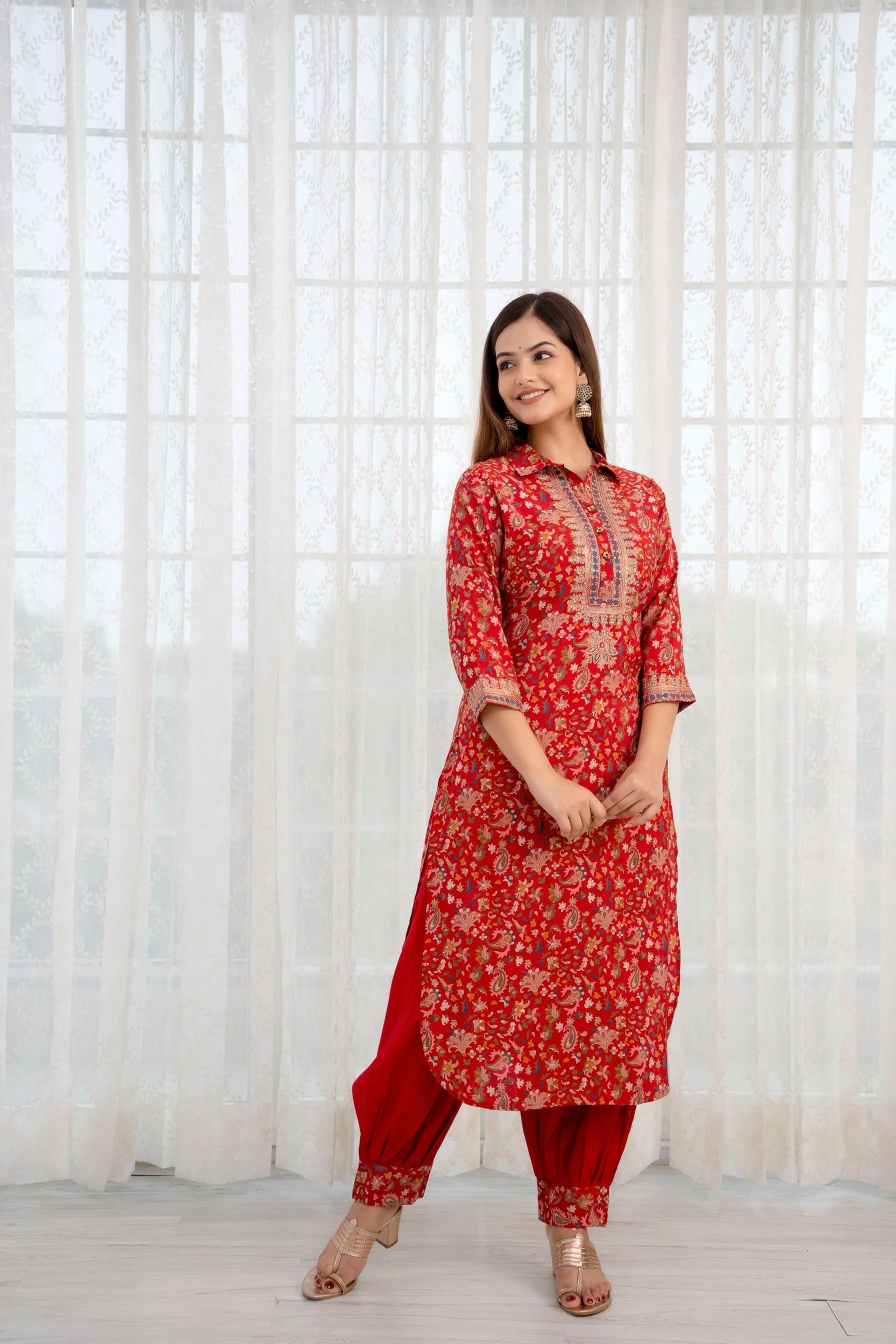 Women's Muslin Red Straight Kurta & Afghani Salwar Set