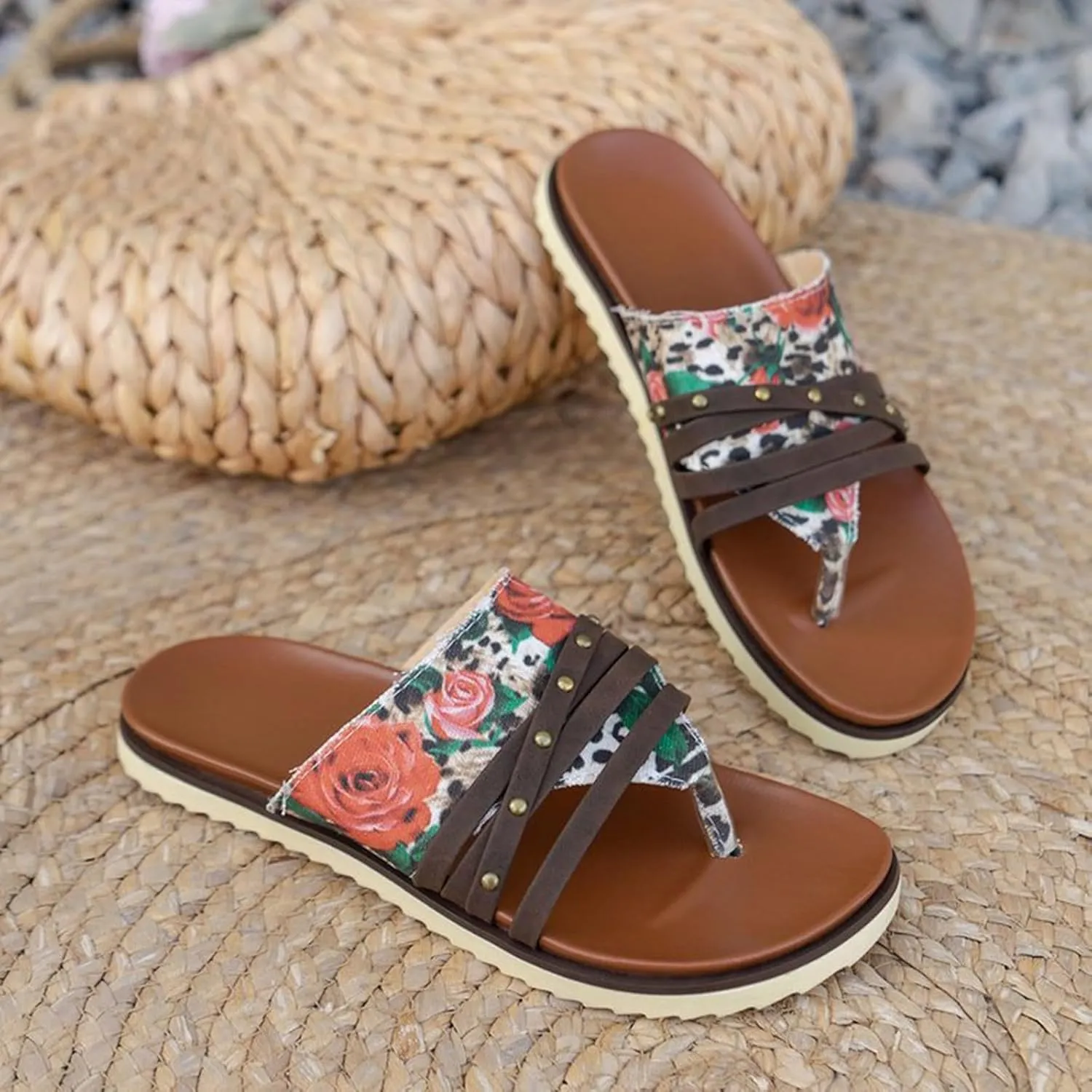 Women's Sandals Large Size Flat Flower Flip Flops Women's Outer Wear Printed Beach Sandals Lady Sandals Fashion