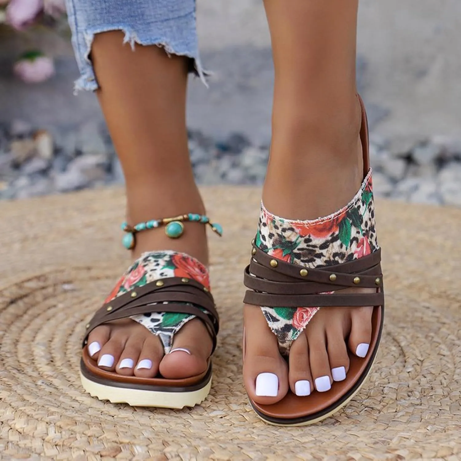 Women's Sandals Large Size Flat Flower Flip Flops Women's Outer Wear Printed Beach Sandals Lady Sandals Fashion