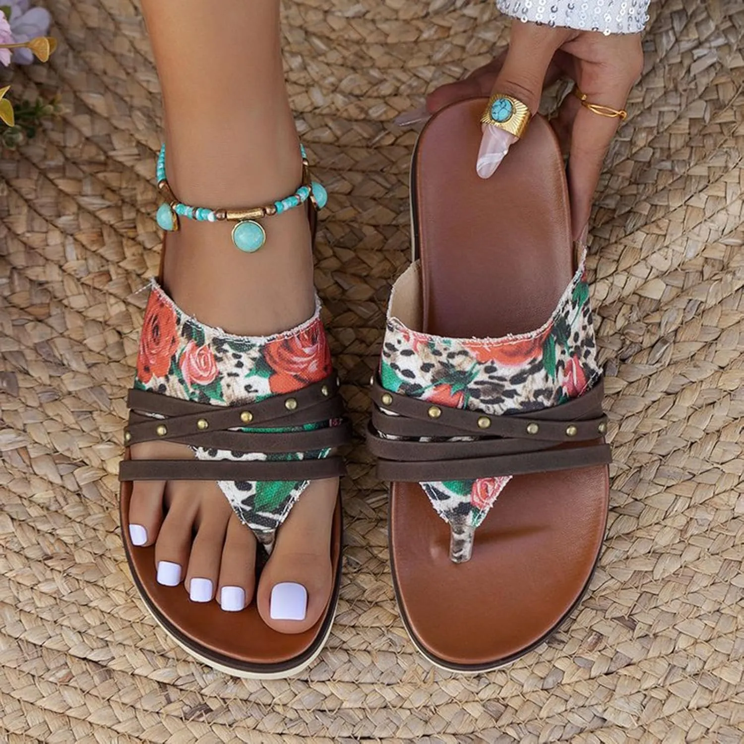 Women's Sandals Large Size Flat Flower Flip Flops Women's Outer Wear Printed Beach Sandals Lady Sandals Fashion