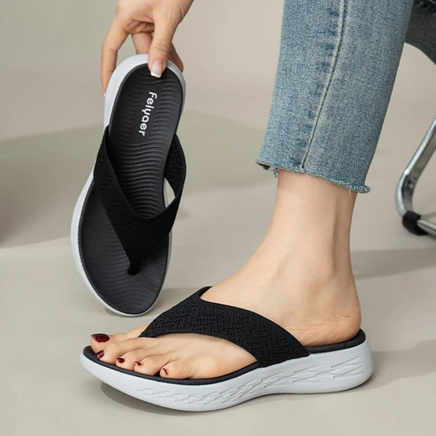 Women's Sandals Women Shoes Wedge Thick Soled Flip Flops Fashionable Outdoor Beach Sandals Denim Sandals for