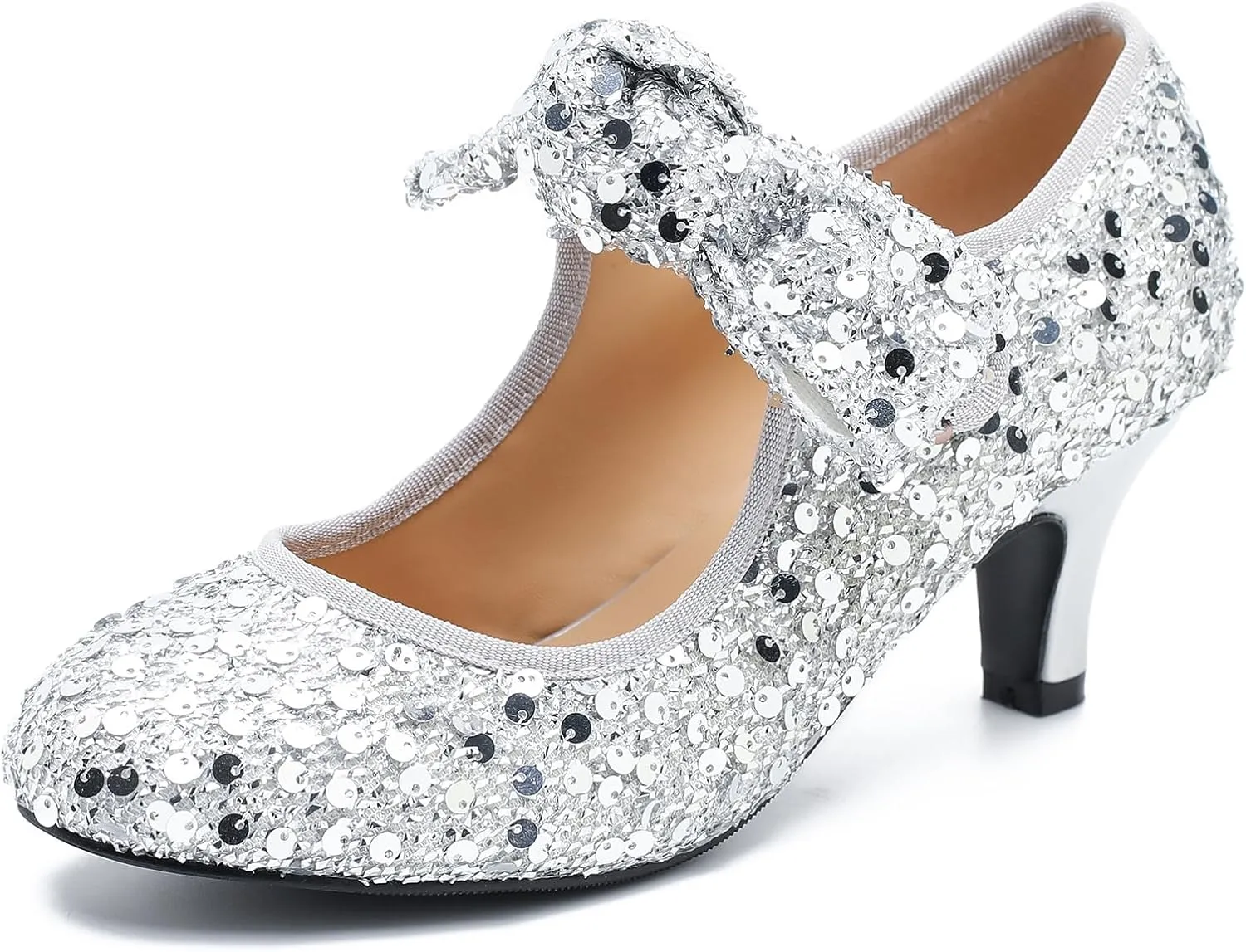 Womens Sequin Low Kitten Heels with Bow Mary Jane Dress Shoes Comfortable Vintage Dance Wedding Pumps