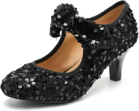 Womens Sequin Low Kitten Heels with Bow Mary Jane Dress Shoes Comfortable Vintage Dance Wedding Pumps