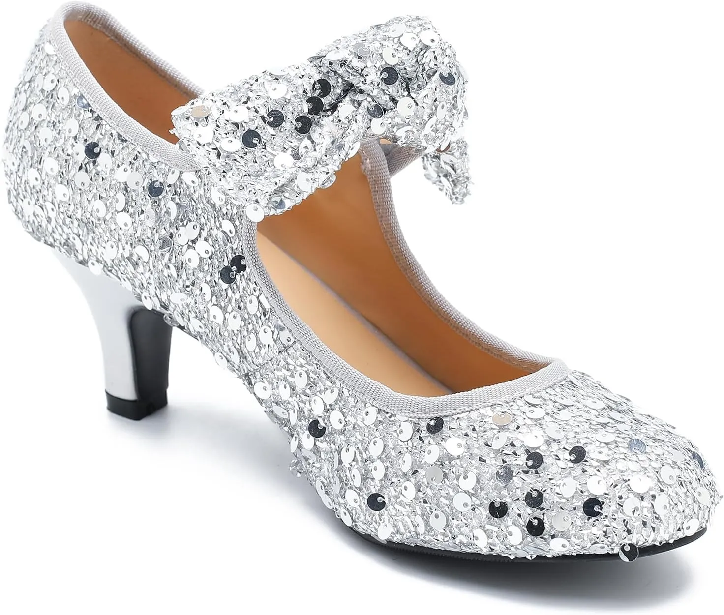 Womens Sequin Low Kitten Heels with Bow Mary Jane Dress Shoes Comfortable Vintage Dance Wedding Pumps