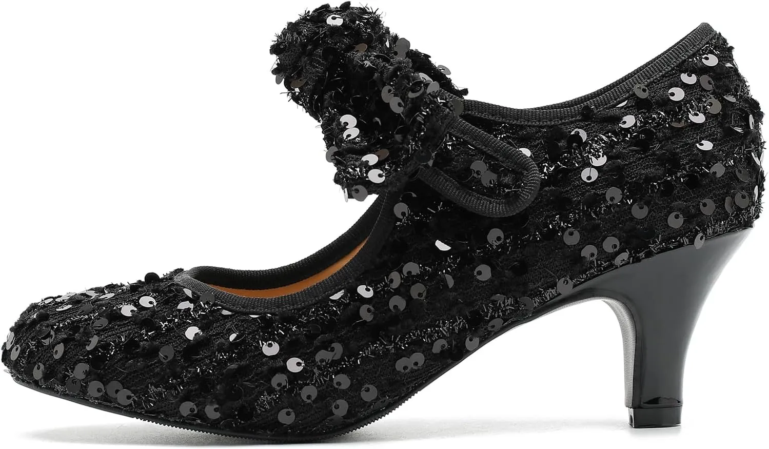 Womens Sequin Low Kitten Heels with Bow Mary Jane Dress Shoes Comfortable Vintage Dance Wedding Pumps