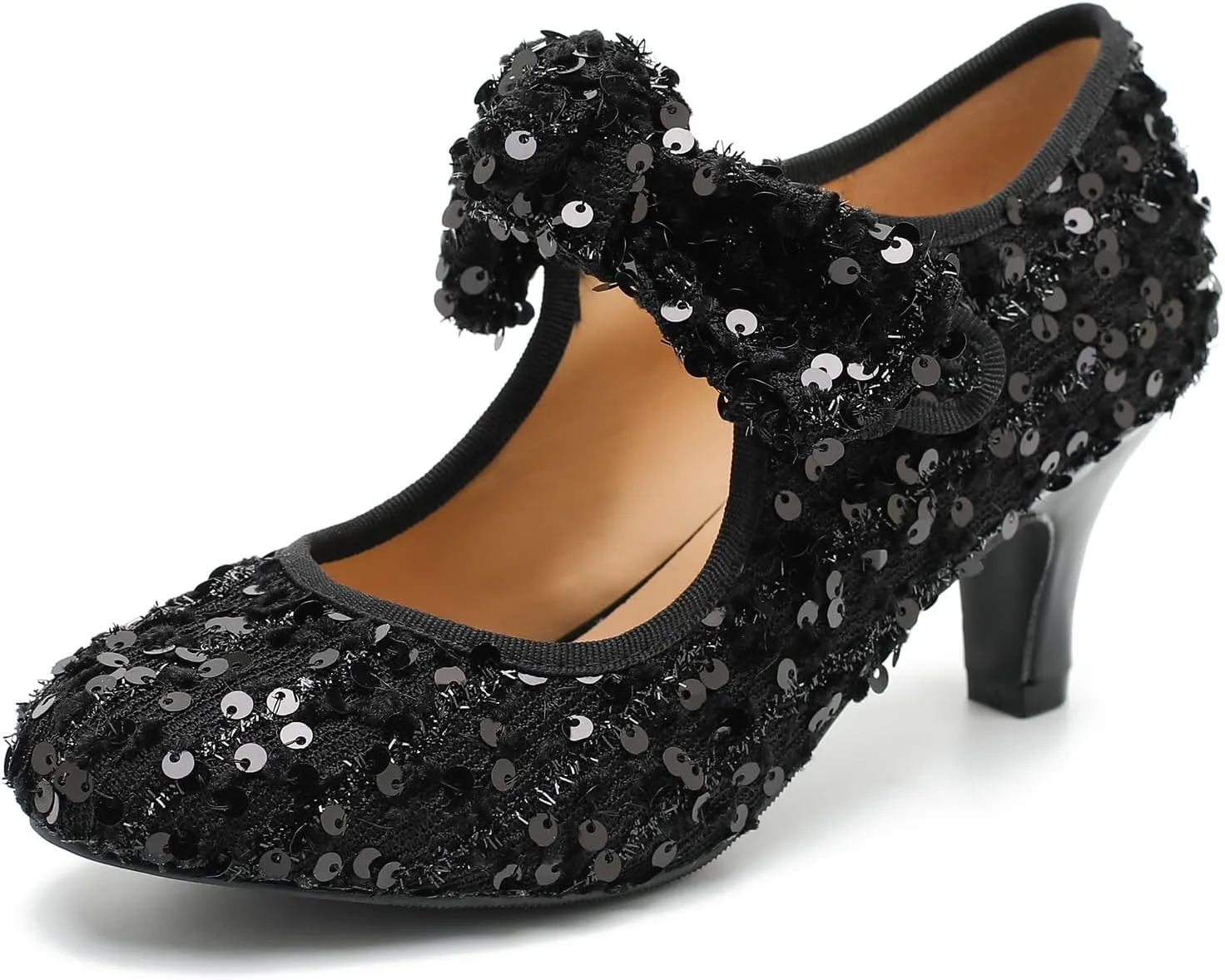 Womens Sequin Low Kitten Heels with Bow Mary Jane Dress Shoes Comfortable Vintage Dance Wedding Pumps