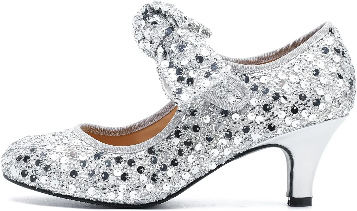 Womens Sequin Low Kitten Heels with Bow Mary Jane Dress Shoes Comfortable Vintage Dance Wedding Pumps