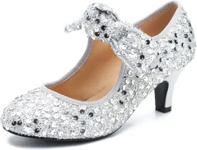 Womens Sequin Low Kitten Heels with Bow Mary Jane Dress Shoes Comfortable Vintage Dance Wedding Pumps
